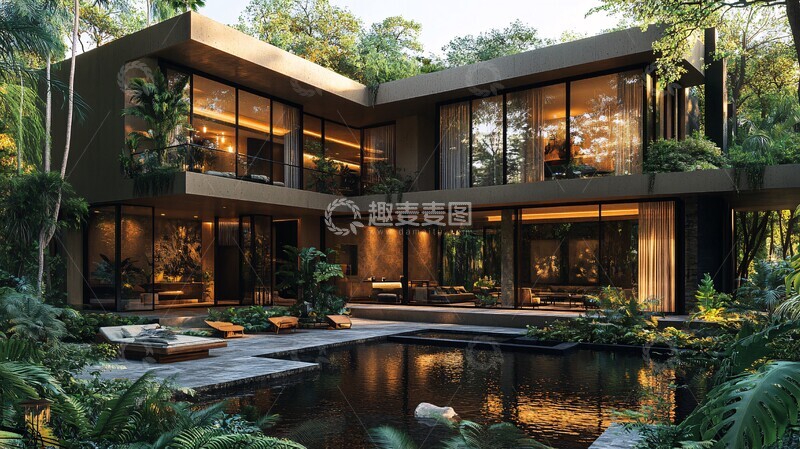 高清大图下载【趣麦麦图】别墅大堂庭院水池