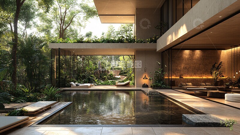 高清大图下载【趣麦麦图】别墅大堂庭院水池1