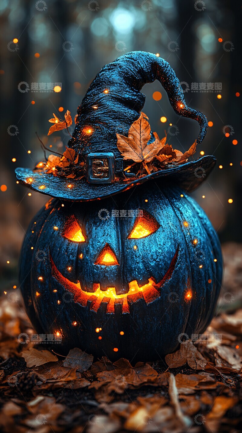 高清大图下载【趣麦麦图】蓝色南瓜灯与巫师帽1