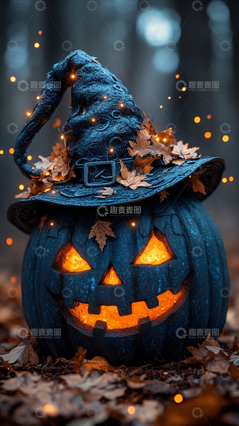 高清大图下载【趣麦麦图】蓝色南瓜灯与巫师帽