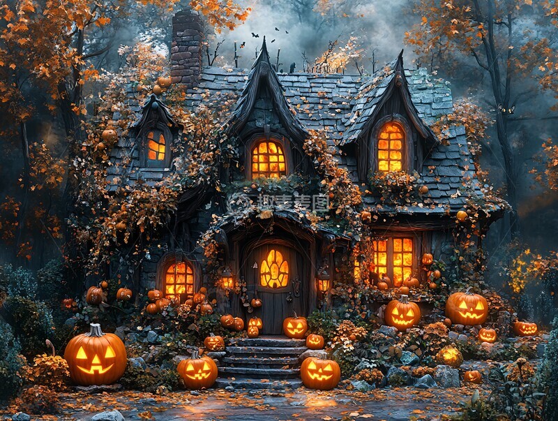 南瓜灯装饰的木屋2