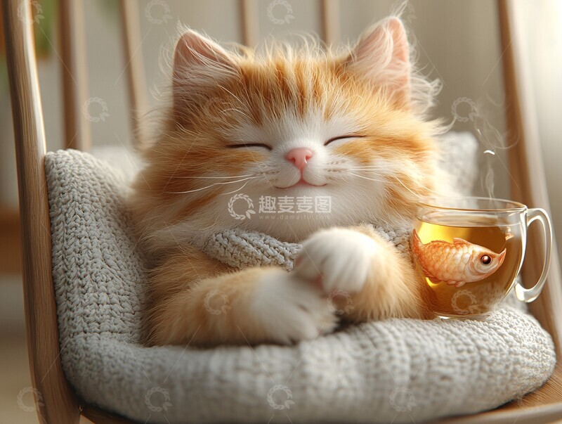高清大图下载【趣麦麦图】猫在摇椅上喝茶1