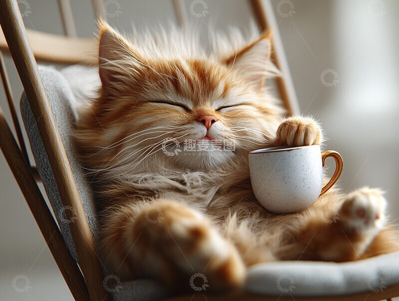 高清大图下载【趣麦麦图】猫在摇椅上喝茶