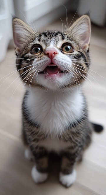 黑白猫坐地看镜头