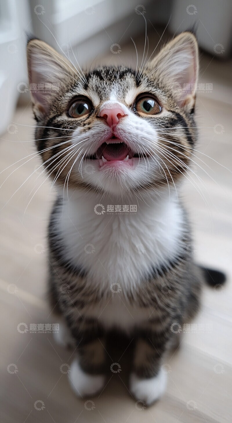 高清大图下载【趣麦麦图】黑白猫坐地看镜头