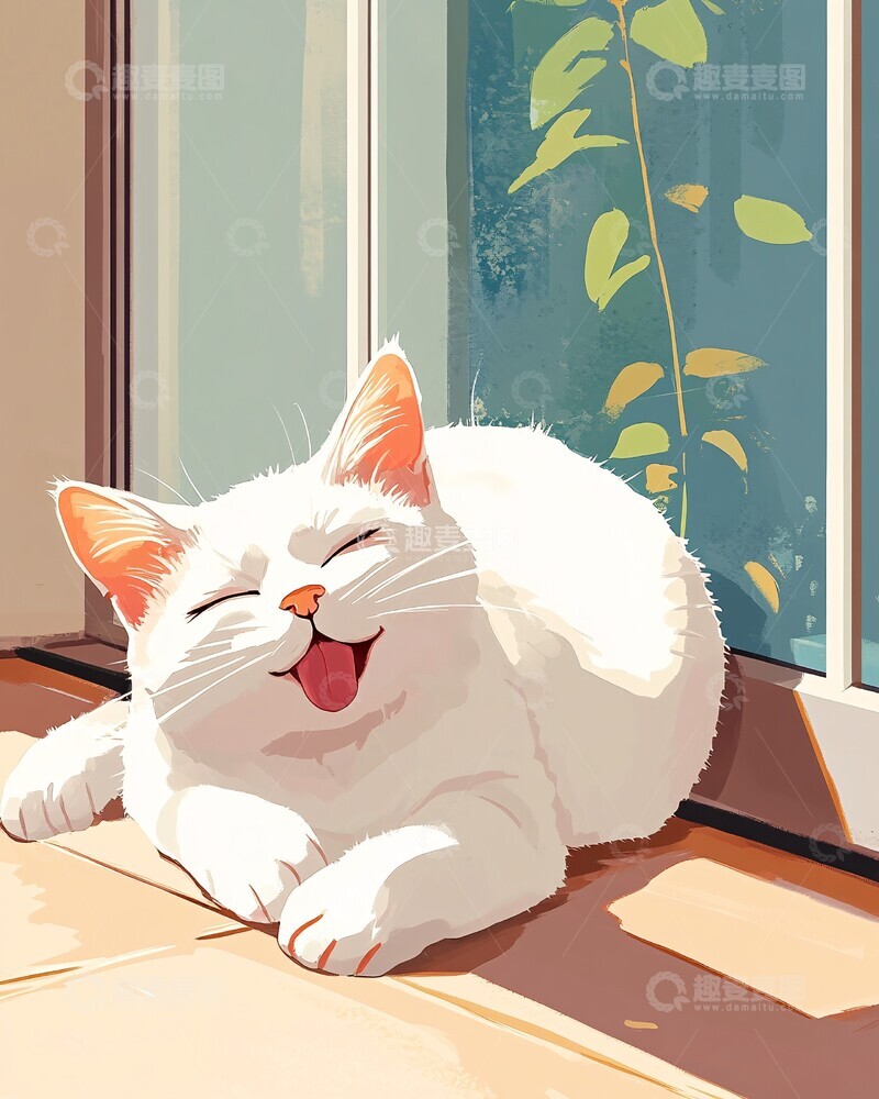 高清大图下载【趣麦麦图】白猫舔肚图白猫舔肚地板1