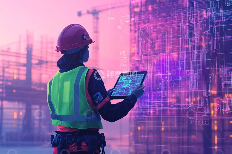 高清大图下载【趣麦麦图】工人用平板测量建材