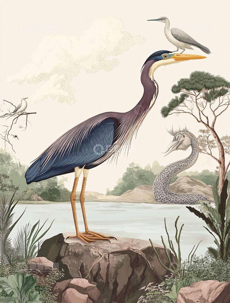 高清大图下载【趣麦麦图】紫色苍鹭与睡龙图