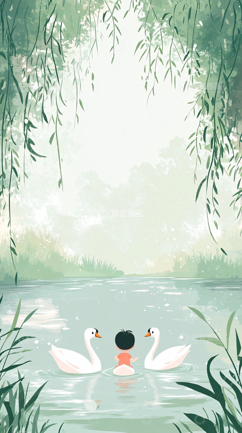 高清大图下载【趣麦麦图】儿童与天鹅嬉戏
