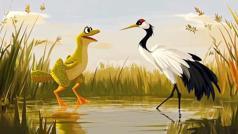 高清大图下载【趣麦麦图】蛙与鹤的对峙