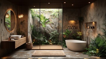 石墙木盆绿植浴室