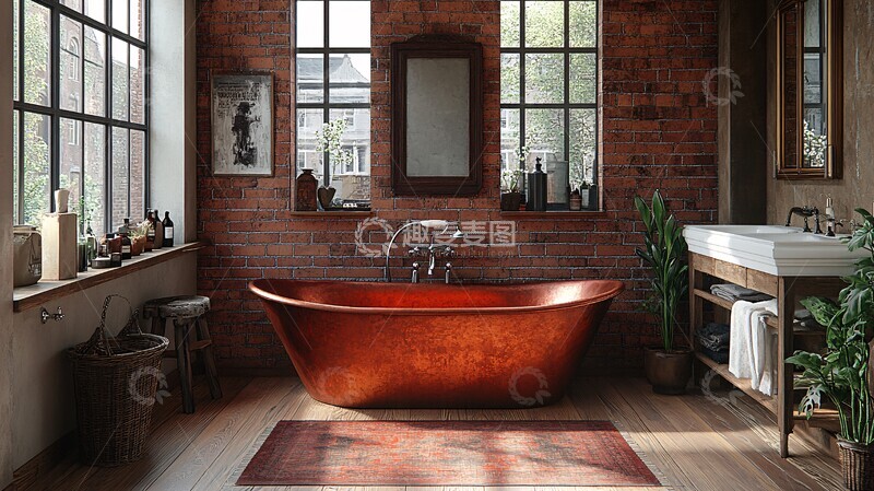 高清大图下载【趣麦麦图】铜浴缸砖墙洗手台1