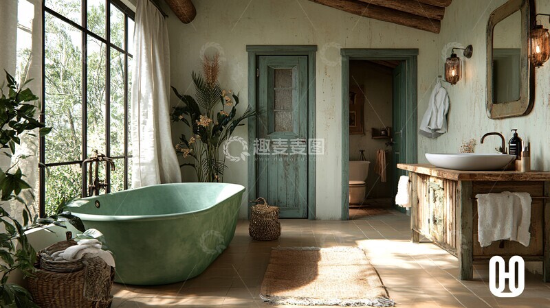 高清大图下载【趣麦麦图】木质浴室绿色浴缸
