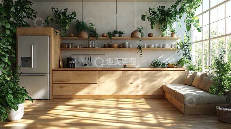高清大图下载【趣麦麦图】木质橱柜绿植厨房2