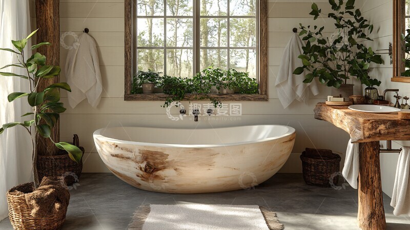 高清大图下载【趣麦麦图】白色灰地木盆浴缸1