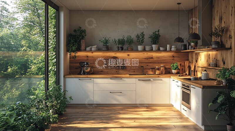 高清大图下载【趣麦麦图】木质橱柜绿植厨房3