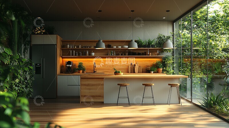 高清大图下载【趣麦麦图】木质橱柜绿植厨房1
