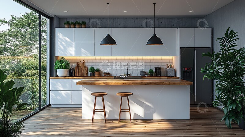 高清大图下载【趣麦麦图】-木质台面白色橱柜1