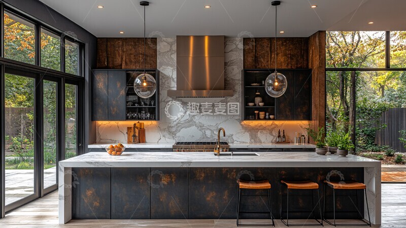 高清大图下载【趣麦麦图】黑铁厨柜白石台面3