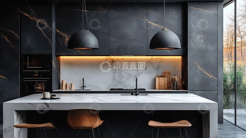 高清大图下载【趣麦麦图】黑铁厨柜白石台面