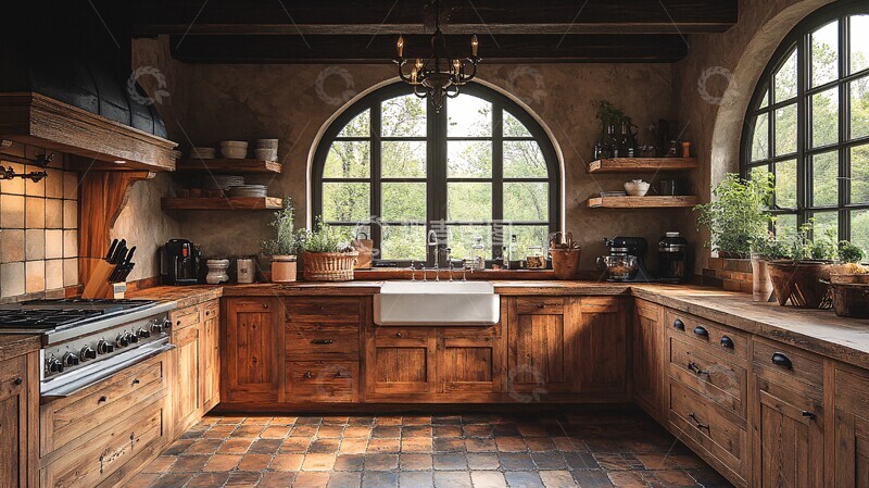 高清大图下载【趣麦麦图】木橱柜石台面复古灯2