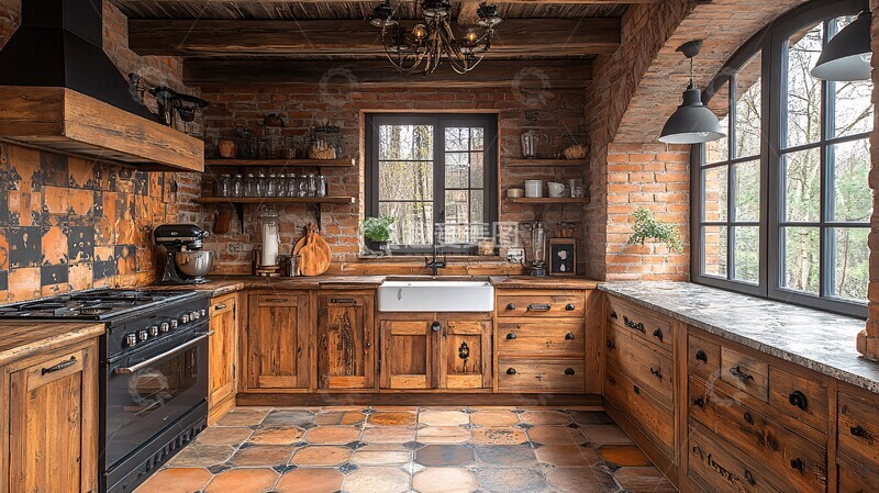 高清大图下载【趣麦麦图】木橱柜石台面复古灯1