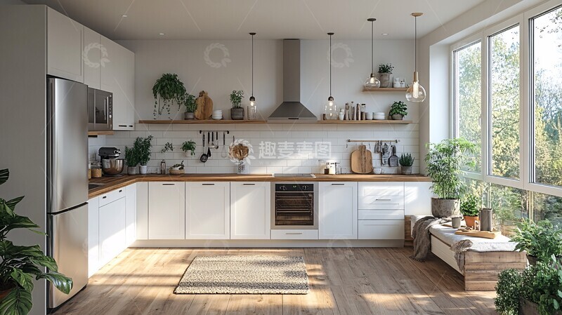 高清大图下载【趣麦麦图】木纹厨台绿植点缀