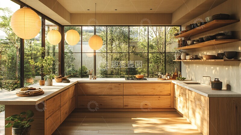 高清大图下载【趣麦麦图】木柜石台纸灯绿植1