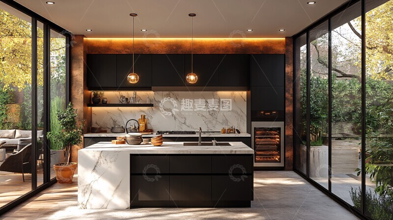 高清大图下载【趣麦麦图】黑铁厨柜白石台面1