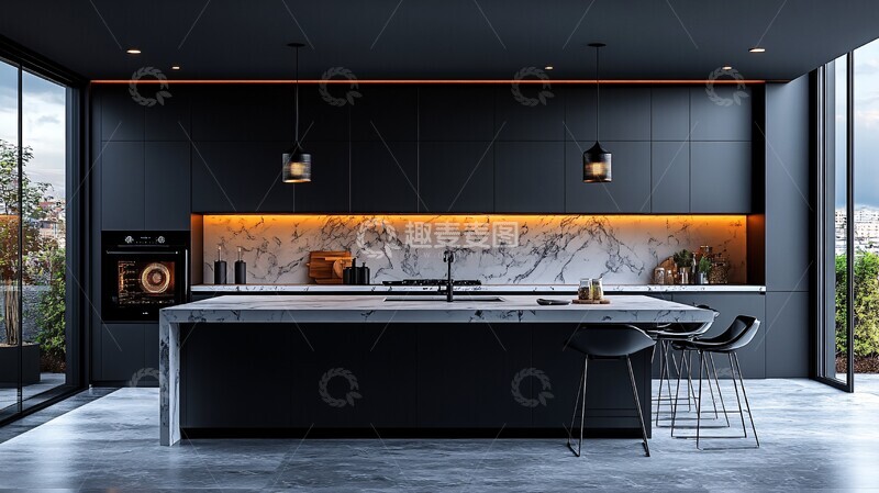 高清大图下载【趣麦麦图】黑铁厨柜白石台面2