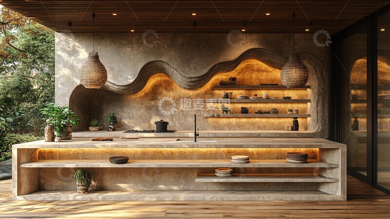 高清大图下载【趣麦麦图】木柜石台自然风厨房1
