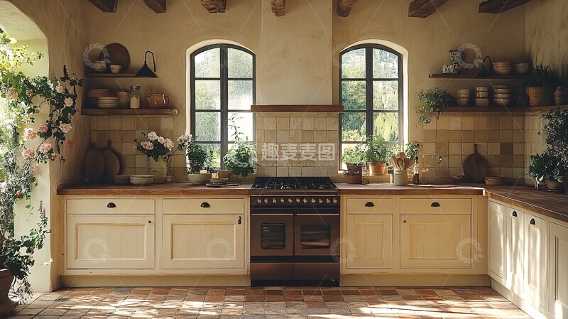 高清大图下载【趣麦麦图】木纹橱柜花卉装饰2