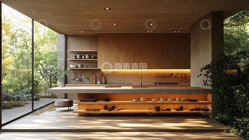 高清大图下载【趣麦麦图】木柜石台自然风厨房