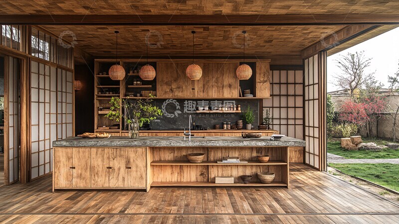 高清大图下载【趣麦麦图】木柜石台竹饰厨房3
