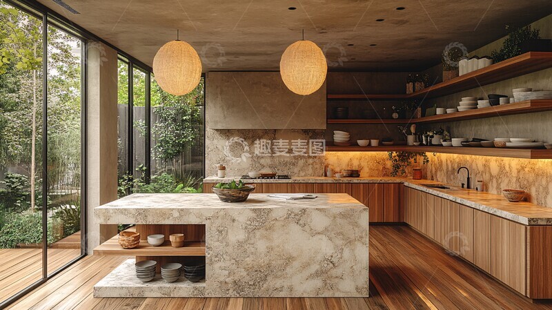 高清大图下载【趣麦麦图】木柜石台自然风厨房3