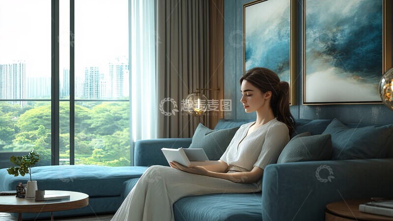 高清大图下载【趣麦麦图】蓝色床与木质床头柜7