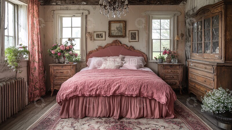 高清大图下载【趣麦麦图】粉色床铺与木质床头柜3