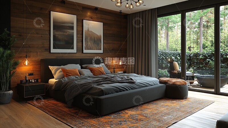 高清大图下载【趣麦麦图】灰色床黑色床头柜3