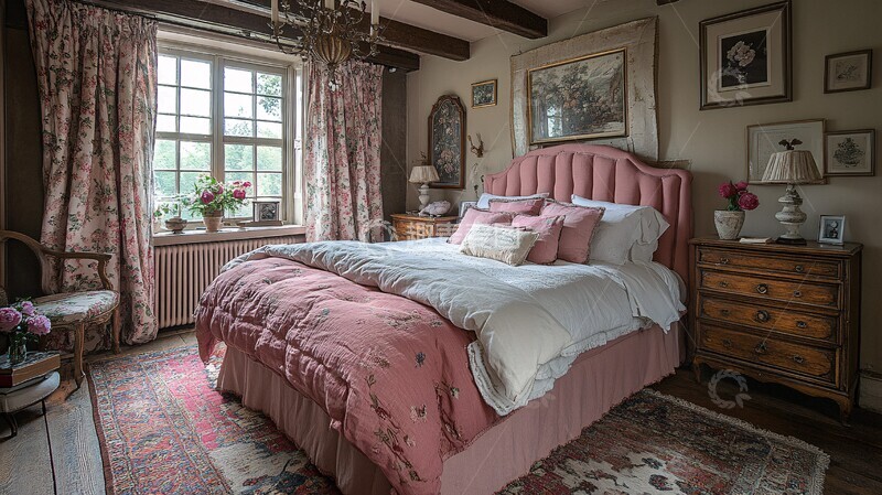 高清大图下载【趣麦麦图】粉色床铺与木质床头柜2