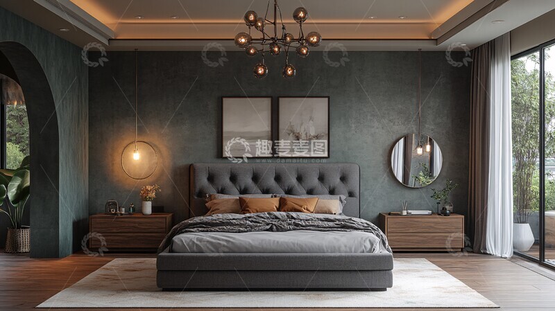 高清大图下载【趣麦麦图】灰色床与木质床头柜20