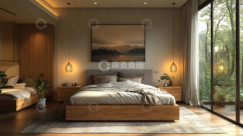 高清大图下载【趣麦麦图】灰色床铺木质床头15