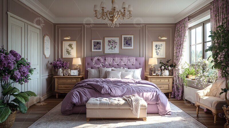 高清大图下载【趣麦麦图】紫色床铺复古卧室3