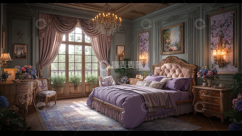 高清大图下载【趣麦麦图】紫色床铺与木质床头柜