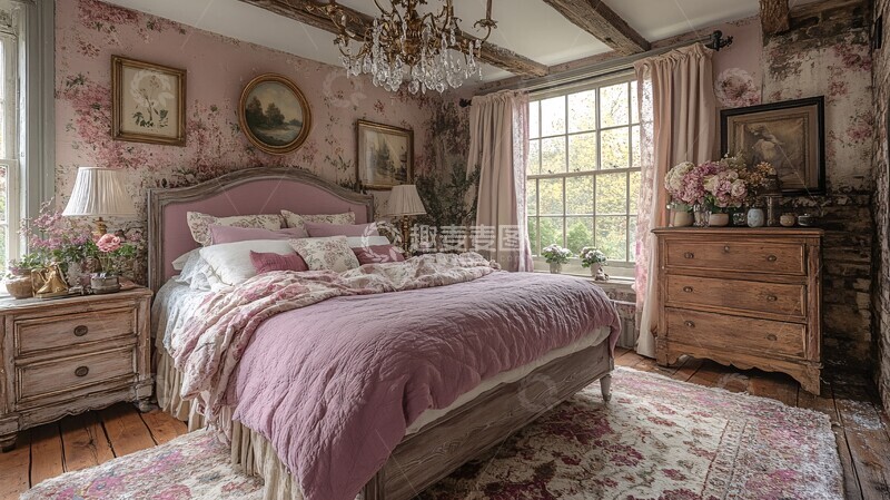 高清大图下载【趣麦麦图】紫色床铺复古卧室1