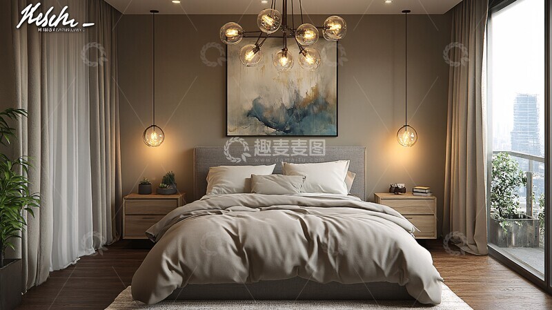 高清大图下载【趣麦麦图】灰色床铺木质床头柜11