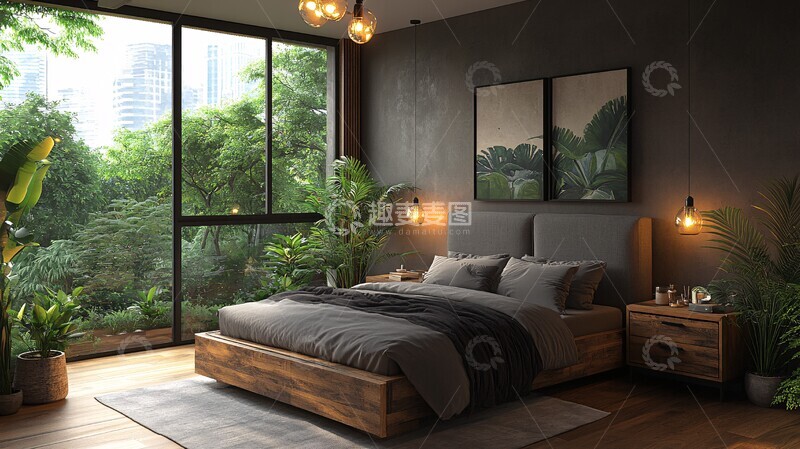 高清大图下载【趣麦麦图】-灰色床与木质床头柜23
