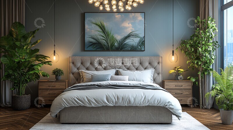 高清大图下载【趣麦麦图】灰色床与木质床头柜21