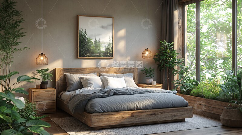 高清大图下载【趣麦麦图】灰色床与木质床头柜22