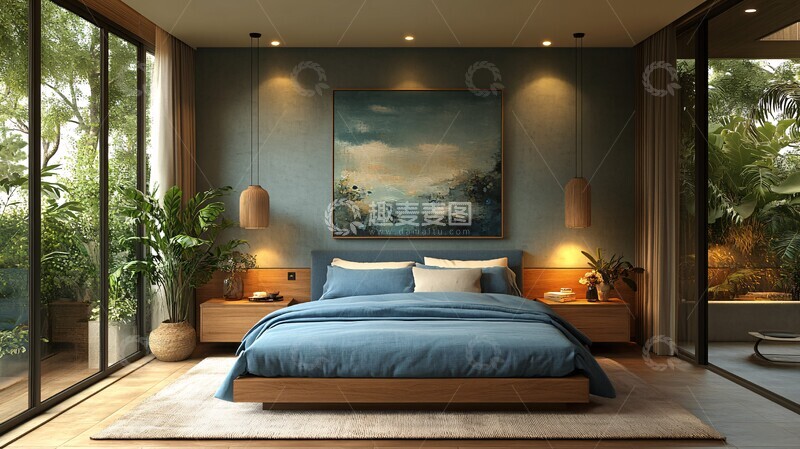 高清大图下载【趣麦麦图】蓝色木床简约卧室5