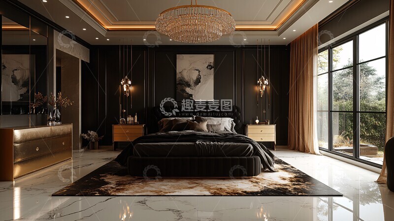 高清大图下载【趣麦麦图】黑色床铺金色床头柜14